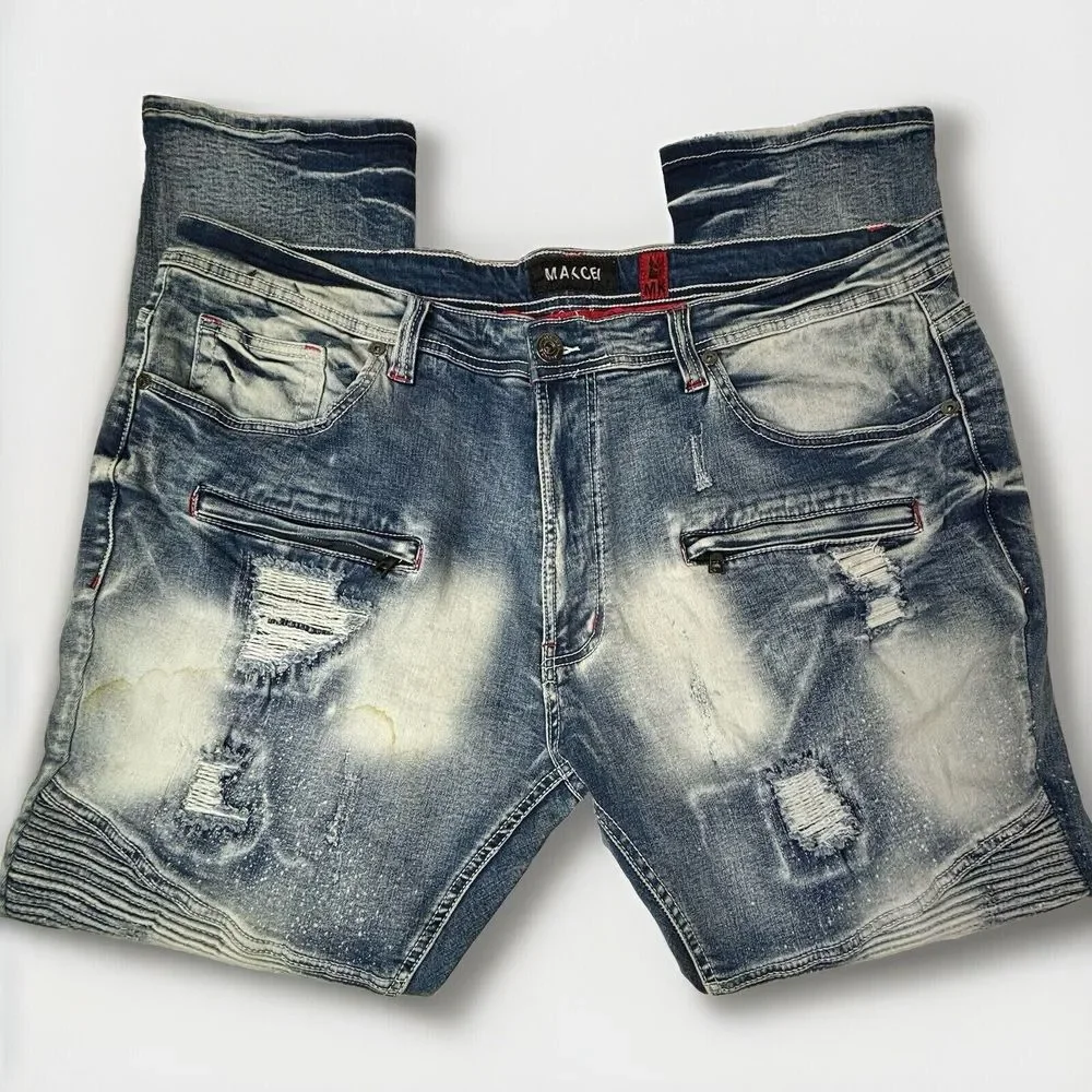 MAKOBI‎ Alki Biker Jeans Mens 44X32 M1757 Vintage Light Wash Moto Distressed NWT